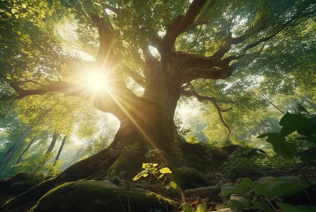 the beauty of the morning sun between the big trees in the middle of the forest. generative aiの素材