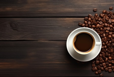 Top view of cup of coffee with coffee beans on wooden table with copy space. generative aiの素材