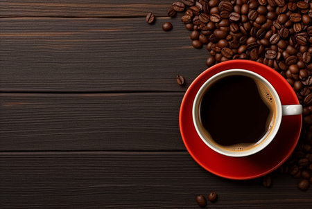 Top view of cup of coffee with coffee beans on wooden table with copy space. generative aiの素材