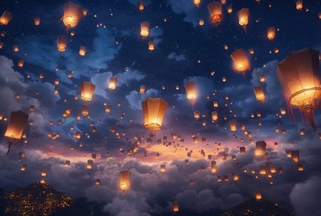 lanterns in the air with the beauty of the night sky. generative aiの素材