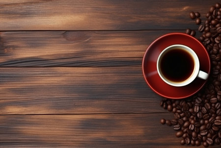 Top view of cup of coffee with coffee beans on wooden table with copy space. generative aiの素材