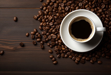 Top view of cup of coffee with coffee beans on wooden table with copy space. generative aiの素材