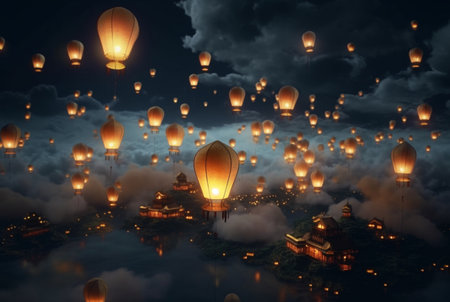 lanterns in the air with the beauty of the night sky. generative aiの素材