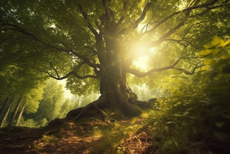 the beauty of the morning sun between the big trees in the middle of the forest. generative aiの素材