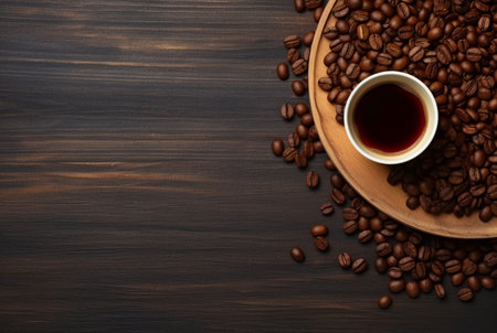 Top view of cup of coffee with coffee beans on wooden table with copy space. generative aiの素材