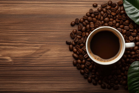 Top view of cup of coffee with coffee beans on wooden table with copy space. generative aiの素材