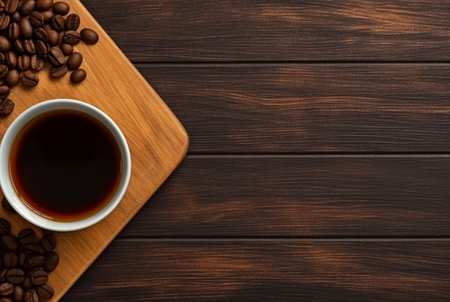 Top view of cup of coffee with coffee beans on wooden table with copy space. generative aiの素材
