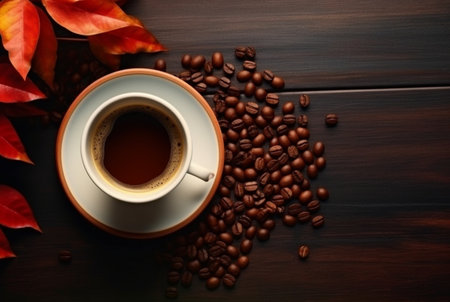 Top view of cup of coffee with coffee beans on wooden table with copy space. generative aiの素材