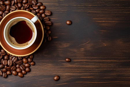 Top view of cup of coffee with coffee beans on wooden table with copy space. generative aiの素材