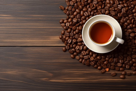 Top view of cup of coffee with coffee beans on wooden table with copy space. generative aiの素材