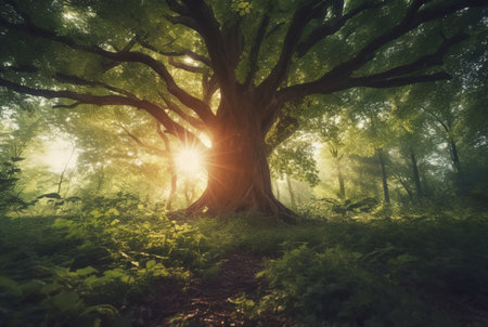the beauty of the morning sun between the big trees in the middle of the forest. generative aiの素材
