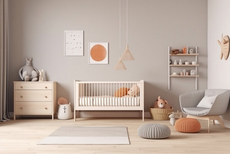 Modern baby room interior with stylish furniture and toys. generative aiの素材