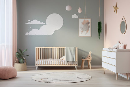 Modern baby room interior with stylish furniture and toys. generative aiの素材