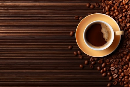 Top view of cup of coffee with coffee beans on wooden table with copy space. generative aiの素材
