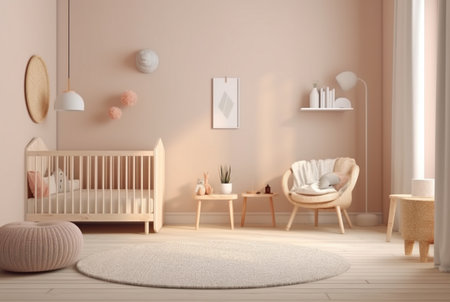 Modern baby room interior with stylish furniture and toys. generative aiの素材