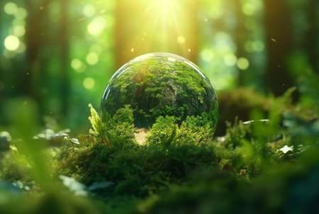 green globe in forest with defocused abstract moss and sunlight. generative aiの素材