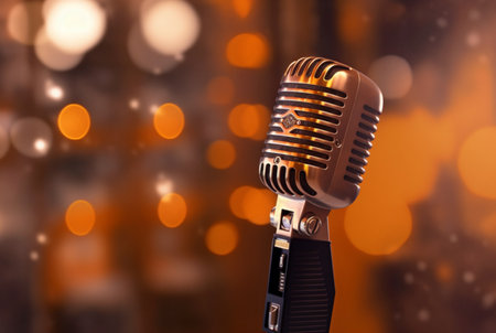 Retro microphone against blur colorful light restaurant background. Generative Aiの素材