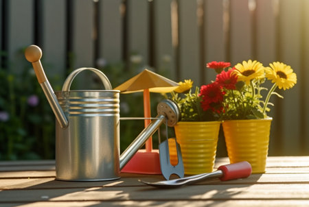 set of gardener tools and flower pots in a sunny garden with sunshine. generative aiの素材