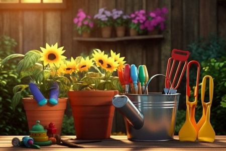 set of gardener tools and flower pots in a sunny garden with sunshine. generative aiの素材