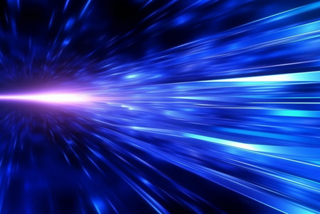 Abstract technology glowing futuristic blue light lines with speed motion blur effect on dark blue background. generative aiの素材