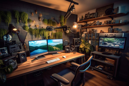 content creator workspace with computer on table with chairs. generative aiの素材