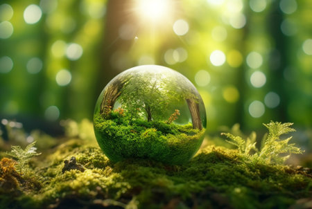 green globe in forest with defocused abstract moss and sunlight. generative aiの素材