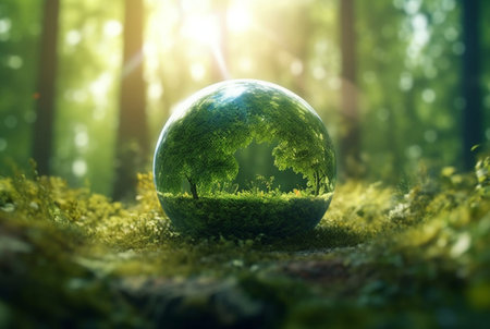 green globe in forest with defocused abstract moss and sunlight. generative aiの素材
