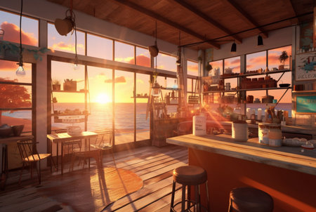 a coffee shop with a beautiful view of the sunset on the beach. generative aiの素材