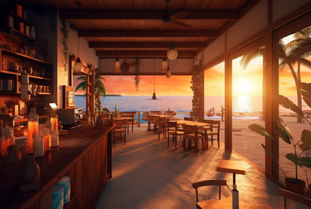a coffee shop with a beautiful view of the sunset on the beach. generative aiの素材