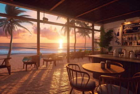 a coffee shop with a beautiful view of the sunset on the beach. generative aiの素材