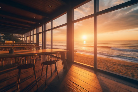 a coffee shop with a beautiful view of the sunset on the beach. generative aiの素材