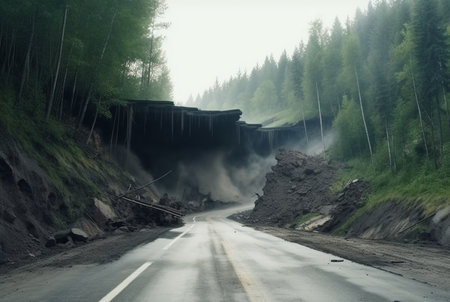 View of an asphalt road in the middle of a forest affected by a landslide natural disaster. generative aiの素材
