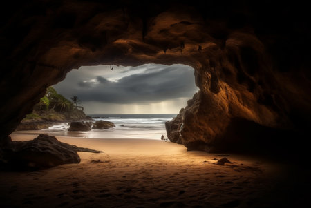 landscape view of the beauty of the beach from inside the cave. generative aiの素材