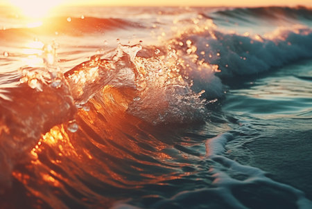 background closeup of beautiful beach waves water with sunset. generative aiの素材