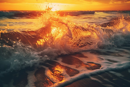 background closeup of beautiful beach waves water with sunset. generative aiの素材