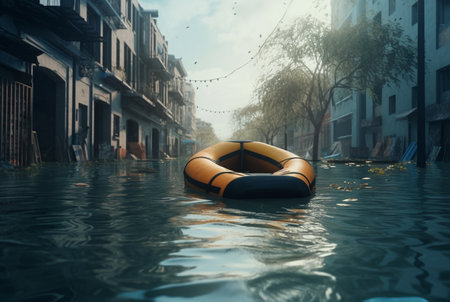 rubber boat in the middle of an urban area where a natural disaster occurred. generative aiの素材