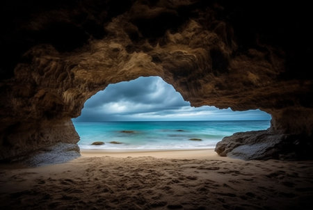 landscape view of the beauty of the beach from inside the cave. generative aiの素材