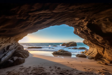 landscape view of the beauty of the beach from inside the cave. generative aiの素材