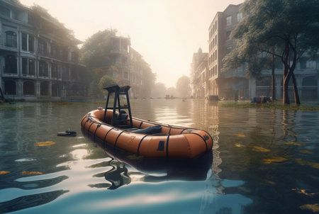rubber boat in the middle of an urban area where a natural disaster occurred. generative aiの素材