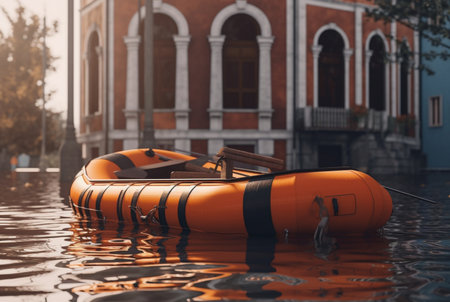 rubber boat in the middle of an urban area where a natural disaster occurred. generative aiの素材