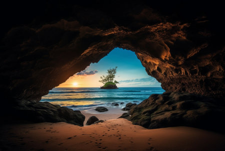 landscape view of the beauty of the beach from inside the cave. generative aiの素材