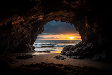landscape view of the beauty of the beach from inside the cave. generative aiの素材