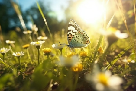 butterfly on green grass with flowers and sun light blurred background. generatrive aiの素材