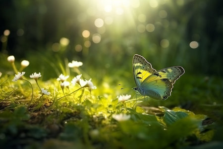 butterfly on green grass with flowers and sun light blurred background. generatrive aiの素材