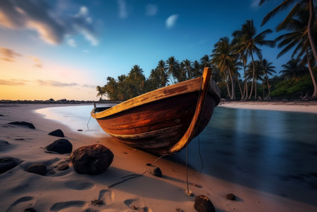 wooden boat on the beautiful beach with coconut trees. generative aiの素材