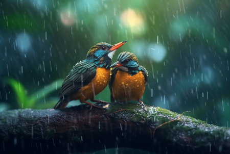 a pair of beautiful birds in the forest with raindrops and nature blurred background. generative aiの素材