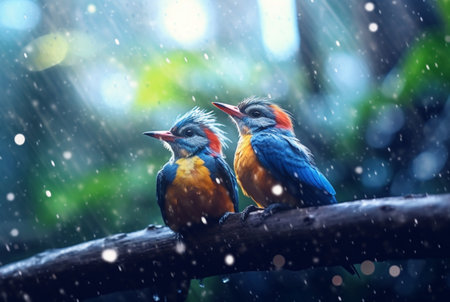 a pair of beautiful birds in the forest with raindrops and nature blurred background. generative aiの素材