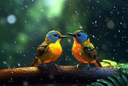 a pair of beautiful birds in the forest with raindrops and nature blurred background. generative aiの素材