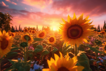 the view of the sunflower garden with the beauty of the sunrise in the morning. generative aiの素材