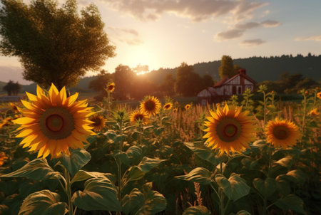 the view of the sunflower garden with the beauty of the sunrise in the morning. generative aiの素材